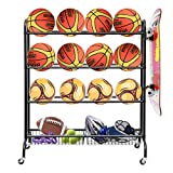 AHOWPD Basketball Storage, Garage Ball Rack, Ball Storage for Garage, Rolling Sports Equipment Storage Organizer with Baskets and Hooks (Easy to Assemble)
