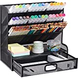 Mesh Pen Organizer, Multi-Functional Pencil Holder Metal Desk Supply Stationery Organization with Drawer for School Home Office Art Supplies by FURNINXS (Black)