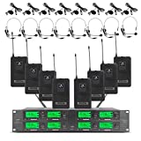 UHF Wireless Microphone System 8 Channel 8 Lavalier Bodypacks 8 Lapel Mic 8 Headsets for Karaoke System Church Speaking Conference Wedding Party 3 Year Warranty