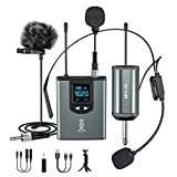Microphone System Headset Mic/Stand Mic/Lavalier Lapel Mic with Rechargeable Bodypack Transmitter & Receiver 1/4' Output for iPhone, PA Speaker, DSLR Camera, Recording, Teaching