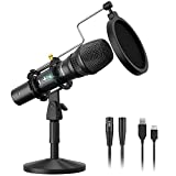 USB/XLR Instrument Dynamic Microphone, MAONO Metal Professional Zero-Latency Monitoring Vocal Mic with Volume Control, Shock Mount and Pop Filter, Idea for Home Studio, Podcast(HD300T)