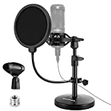BILIONE Upgraded Desktop Microphone Stand, Adjustable Mic Stand Desk with Pop Filter, Shock Mount, Microphone Clip, 5/8' to 3/8' Metal Screw Adapter