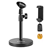 BILIONE 3 in 1 Multi-Function Desktop Microphone Stand, Adjustable Table Mic Stand with Microphone Clip, Cell Phone Clip, 5/8' Male to 3/8' Female Metal Adapter