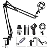 Upgraded Adjustable Microphone Suspension Boom Scissor Arm Stand with Shock Mount Mic Clip Holder 3/8’’ to 5/8’’ Screw Adapter -for Blue Yeti, Snowball & Other Microphones (stand with adapter)