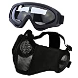Airsoft Mask with Goggles, Foldable Half Face Airsoft Mesh Mask with Ear Protection for Paintball Shooting Cosplay CS Game (Black)