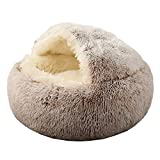 KWEWIK Cat Bed Round Soft Plush Burrowing Cave Hooded Cat Bed Donut for Dogs & Cats, Faux Fur Cuddler Round Comfortable Self Warming pet Bed, Machine Washable, Waterproof Bottom, Small, Coffee