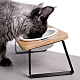 Elevated Cat Ceramic Bowls Stand, Small Dog, 15° Tilted Feeding Position, Full Bamboo Body Stand with Food Grade, Dishwasher Safe Bowl for Cats and Puppy