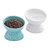 Ceramic Raised Cat Bowls, 8 OZ Tilted Elevated Cat Food and Water Bowls Set, Porcelain Stress Free Pet Feeder Bowl Dish for Cats and Small Dogs, Dishwasher and Microwave Safe - White & Green, Set of 2