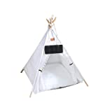 Pet Teepee Bed Set with Thick Cushion & Blackboard, Folding Indoor Cute Dogs Play House, Washable Canvas Cat Tents, 18.9' L × 19.7' W × 23.6' H, for Small Pets Up to 12lbs - Pure White