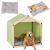 Megidok Dog House with Dog Bed Pad, Pet Teepee with Rose Velvet Cushion, Solid Wood Dog House Indoor, Oxford Canvas Dog Kennel for Medium to Large Dogs, Two Colors, L36*W27*H36 in, Green