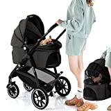 Kenyone Pet Stroller, 3 in 1 Multifunction Pet Travel System 4 Wheels Foldable Aluminum Alloy Frame Carriage for Small Medium Dogs & Cats (Black)