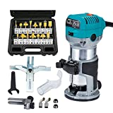 Compact Router with Trimmer/Fixed Base, Variable Speed Trim Router Palm Router Laminate Trimmer, 1/4' 710W Electric Wood Router Tool Kit with 15 Router Bits for Woodworking
