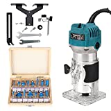 110V 800W Palm Router Electric Hand Trimmer Wood Router 1/4' Collets Woodworking Tool Laminate Trimmer + Tungsten Carbide Router Bits 15-Piece Set
