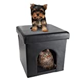 Pet House Ottoman - Collapsible Multipurpose Small Dog or Cat Bed Cube and Footrest with Cushion Top and Interior Pillow by PETMAKER (Black)