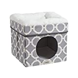 Friends Forever Taylor Pet House, Dog and Cat Bed, Ottoman, Footstool Living Room Furniture, Compact Collapsible Fully Upholstered Cube fits Small Dogs, 16.5in x 16.5in x 14in, Grey/Ivory
