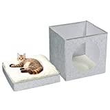 PINPLUS Folding Cat House or Small Dog Pet Bed,Cube Ottoman,Stackable Multipurpose Kitty Hideout Cave,Cat Condo with Felt Cushion Top White (12.6'x12.6'x15.4')
