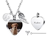 INBLUE Personalized Urn Necklace for Ashes Heart Paw Print Dog Tag Stainless Steel Pendant Engraving Photo, Pet Dog Cat Name Cremation Jewelry for Women Men with Funnel Filling Kit Angel Wings