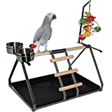 FDC Parrot Bird Perch Table Top Stand Metal Wood 2 Steel Cups Play for Medium and Large Breeds 17.5' x 12.5' x 11'