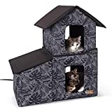 K&H PET PRODUCTS Two-Story Outdoor Kitty House with Dining Room Heated Gray Leaf 22 X 27 X 27 Inches