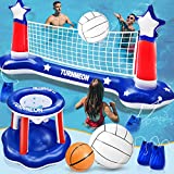 Large Inflatable Pool Games Volleyball Net & Basketball Hoop with 2 Balls American Flag Swimming Pool Water Toys for Adult Kids Pool Floating Beach Patriotic Party Supplies(116”x46”x30”) Hoop(31”x24”)