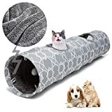LUCKITTY Geometric Cat Tunnel with Plush Inside,Cats Toys Collapsible Tunnel Tube with Balls, for Rabbits, Kittens, Ferrets,Puppy and Dogs,Grey,White
