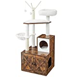 FEANDREA Cat Tree with Litter Box Enclosure, 2-in-1 Modern Cat Tower, Litter Box Furniture Hidden, Cat Condo with Scratching Posts, Removable Pompom Sticks, Rustic Brown UPCT113X01