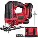 Jigsaw, 20V Cordless Jig Saw for Woodworking with LED, 4 Orbital, Variable Speed, ±45°Bevel Angle, 10PCS Blades, Scale Ruler, Tool-free Blade Changing, Battery & Carrying Bag & Fast Charger Included