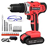 GardenJoy Cordless Power Drill Set: 21V Electric Drill with Fast Charger 3/8-Inch Keyless Chuck 2 Variable Speed 24+1 Torque Setting Power Tools Kit and 25pcs Drill/Driver Bits(Red)