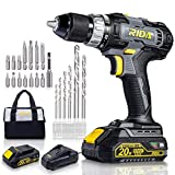 RIDA Cordless Drill 20V Electric Power Drill Set 1/2'' Keyless Metal Chuck, 355 In-lb Torque(40N.m) 2.0AH Lithium-ion Battery & Fast Charger, Variable Speed, 25+1 Position and 21pcs Drill/Driver Bits