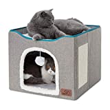 Bedsure Cat Bed for Indoor Cats -Large Cat Cave for Pet Cat House with Fluffy Ball Hanging and Scratch Pad, Foldable Cat Hidewawy,16.5x16.5x14 inches, Grey
