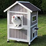 Rockever Feral Cat Shelter Outdoor with Escape Door Rainproof Outside Cat House Two Story for Three-Four Cats with Two Mat Color Grey