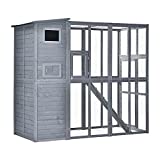 PawHut Large Pine Wooden Outdoor Cat House Enclosure Catio with Large Run, Kitten Cage with Weatherproof Roof - 77' L, Grey