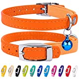 CollarDirect Leather Cat Collar, Cat Safety Collar with Elastic Strap, Kitten Collar for Cat with Bell Black Blue Red Orange Lime Green (Neck Fit 9'-11', Orange)