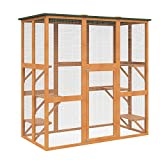 PawHut Large Wooden Outdoor Cat House Catio Enclosure, Kitten Cage with Weather Protection, Cat Patio with 6 Platforms - 71' L, Orange