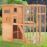GTQuality Outdoor Cat House Catio Large Wooden Cat Enclosure with Long Runway Cat Condo Cage with 3 Jumping Platforms for Play Cat Patio Weatherproof with Large Entrance Easy to Clean(Burlywood)