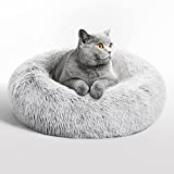 Love's cabin 20in Cat Beds for Indoor Cats - Cat Bed with Machine Washable, Waterproof Bottom - Grey Fluffy Dog and Cat Calming Cushion Bed for Joint-Relief and Sleep Improvement
