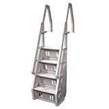 Vinyl Works Deluxe Adjustable 24-Inch Wide in-Pool Step Ladder Entry System for 46 to 60 Inch High Above Ground Swimming Pools with Non-Slip Steps, Taupe