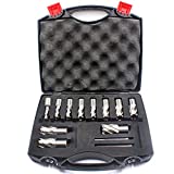 Annular Cutter Set 13 pcs JESTUOUS 3/4 Inch Weldon Shank 1 Cutting Depth and Cutting Diameter from 7/16 to 1-1/16 for Drill Press HSS Standard Kit Two Flat with 2 Pilot Pins