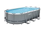 Bestway 56711E Power Steel 18' x 9' x 48' Outdoor Oval Frame Above Ground Swimming Pool Set with 1500 GPH Cartridge Filter Pump, Cover, & Ladder, Gray