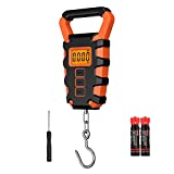 ORIA Digital Fishing Scale with Ruler, Fishing Postal Hanging Hook Scale, 110lb/50kg Waterproof Luggage Scale with Measuring Tape, Luggage Hook, Backlit LCD Display, Batteries Included, Orange