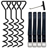 Eurmax USA Trampoline Stakes Heavy Duty Trampoline Parts Corkscrew Shape Steel Stakes Anchor Kit with T Hook for Trampolines -Set of 4 Black Bonus 4 Strong Belt