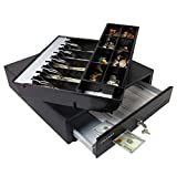 Cash Register Drawer for Point of Sale (POS) System with Fully Removable 2 Tier Cash Tray, 5 Bill/8 Coin, 24V, RJ11/RJ12 Key-Lock, Double Media Slot, Black