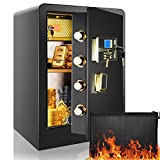 ETE ETMATE 3.7 Cub Large Safe Box Fireproof Waterproof, Security Home Safe with Fireproof Document Bag, Double Safety Key Lock and LCD Screen, Built In Cabinet Box, Removable Shelf, LED Light, Money Safe for Home Office Hotel (Black, US STOCK)