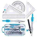 Yunqing Math Geometry Kit Set 10 Pieces with Shatterproof Storage Box, Student Supplies Drawing Compass Includes Protractor, Rulers, Compass, Pencil Sharpener, Lead Refills, Pencil, EraserBlue