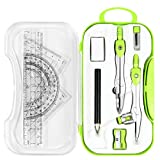 Unjoo Math Geometry Kit Sets 10 Piece Student Supplies with Shatterproof Storage Box,Includes Rulers,Protractor,Compass,Eraser,Pencil Sharpener,Lead Refills,Pencil,for Drafting and Drawings（Green）