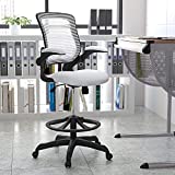 Flash Furniture Mid-Back White Mesh Ergonomic Drafting Chair with Adjustable Foot Ring and Flip-Up Arms