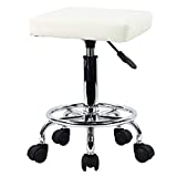 KKTONER Square Rolling Stool with Foot Rest PU Leather Height Adjustable Medical Spa Drafting Salon Tattoo Work Swivel Stools Task Chair Small (White)
