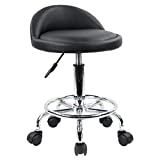 KKTONER PU Leather Round Rolling Stool with Foot Rest Height Adjustable Swivel Drafting Work SPA Task Chair with Wheels (Black)