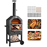 Aoxun Outdoor Pizza Oven, 2-Layer Pizza Oven+Pizza Stone, Wood Fire Pizza Heater, Portable BBQ Cooking Grill for Backyard, Patio Pizza Maker with 2 Wheels, Freestanding, Steel, Black