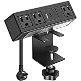 CCCEI Desk Clamp Power Strip with PD 3.0 Fast Charging USB C Port, on Desktop Mount Widely Spaced Outlet 6 FT Flat Plug, Fit 1.6 inch Tabletop Edge Thick, 125V 12A 1500W (Black)